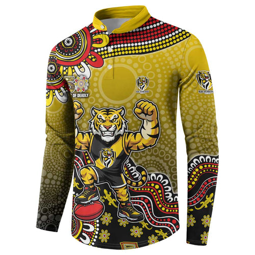 Personalized Richmond Tigers  Football Mascot Button Sweatshirt Aboriginal Dot Art Style Vibrant Indigenous Pattern Design