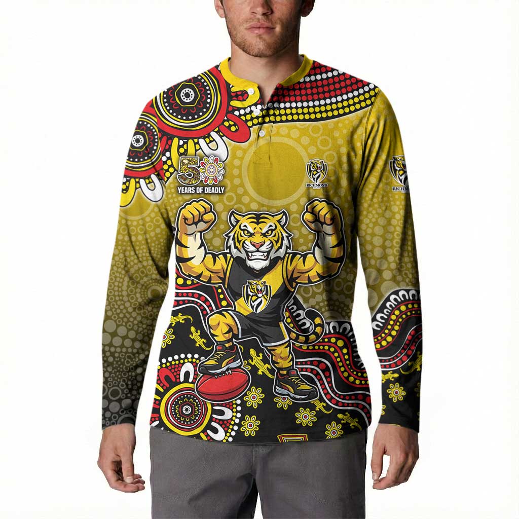 Personalized Richmond Tigers  Football Mascot Button Sweatshirt Aboriginal Dot Art Style Vibrant Indigenous Pattern Design