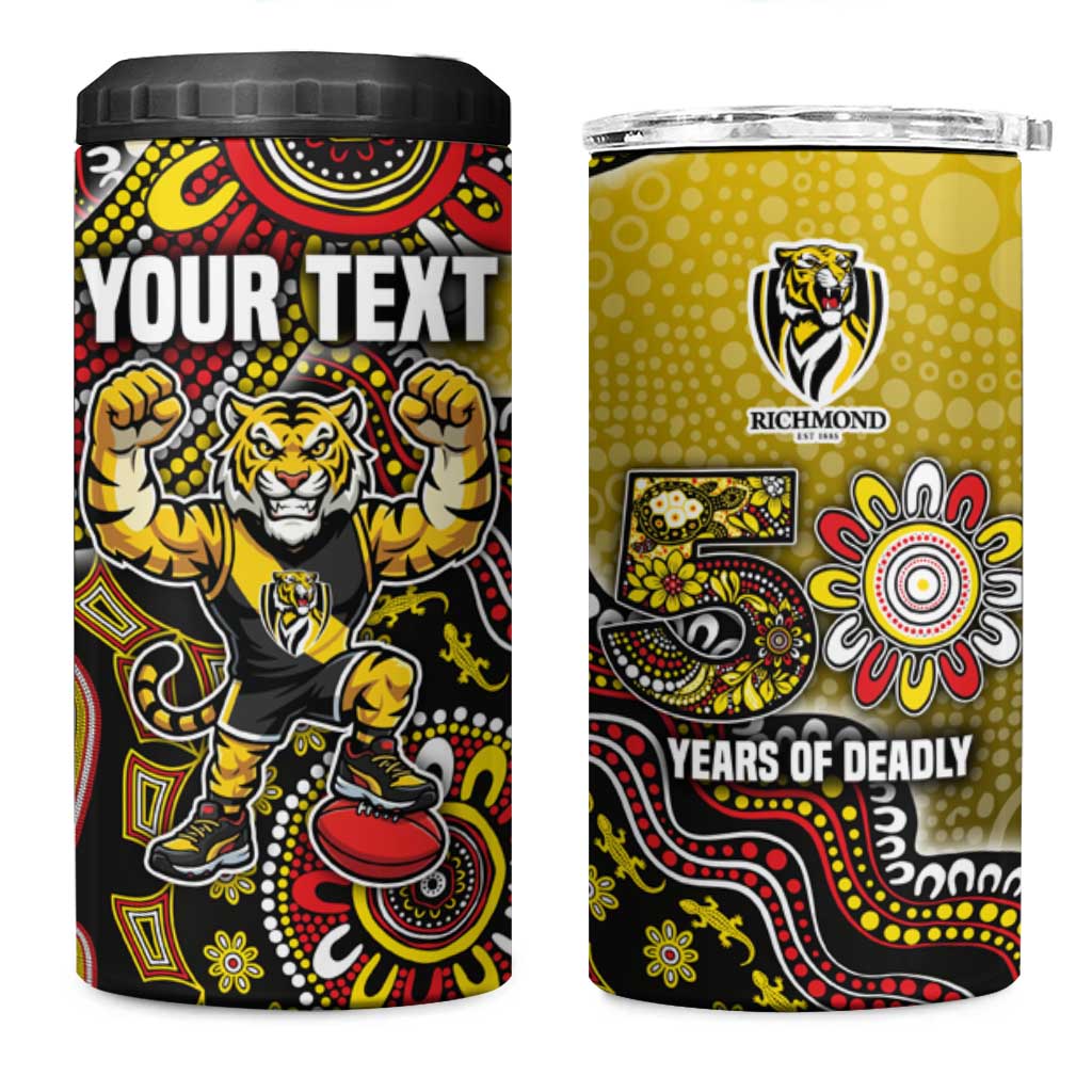 Personalized Richmond Tigers  Football Mascot 4 in 1 Can Cooler Tumbler Aboriginal Dot Art Style Vibrant Indigenous Pattern Design
