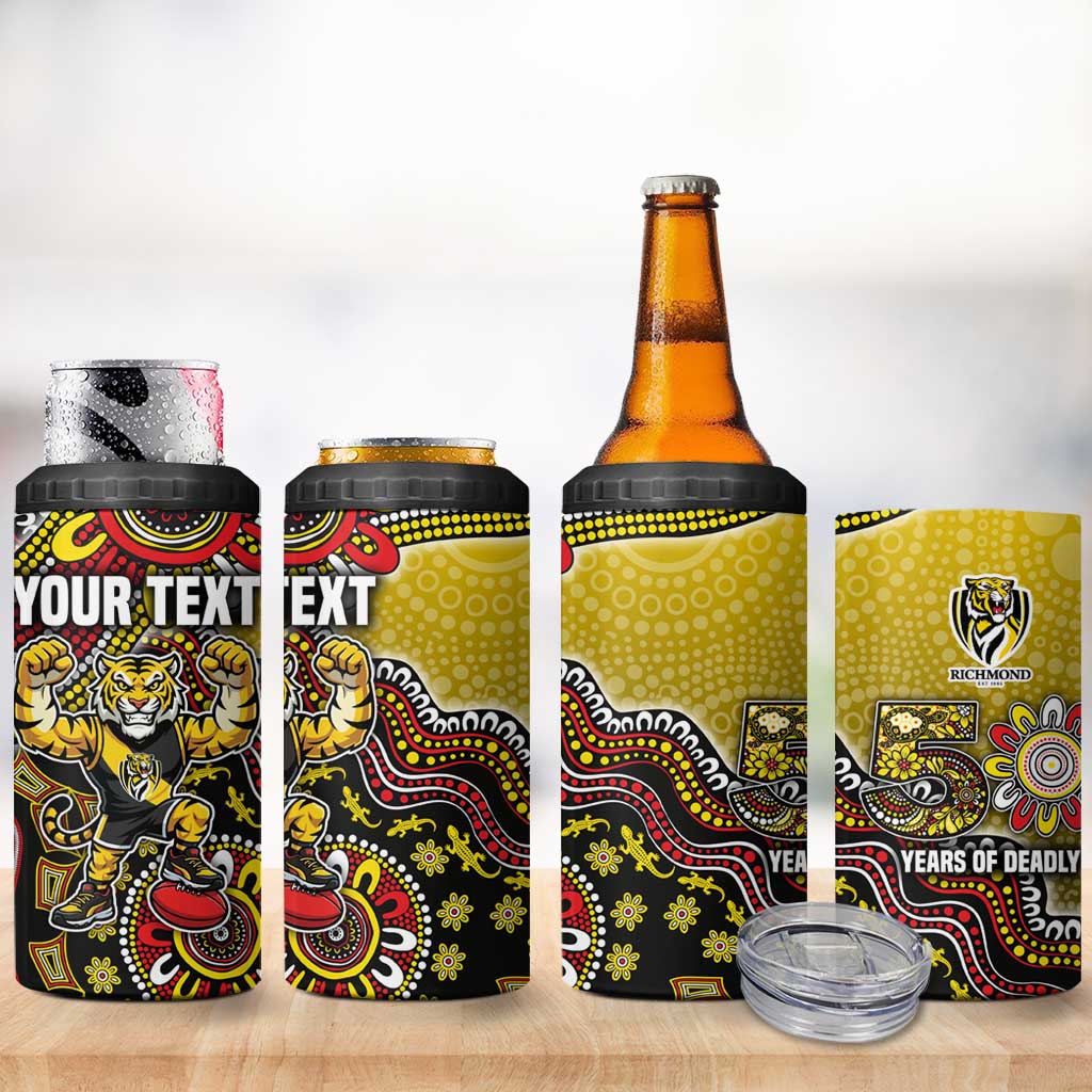 Personalized Richmond Tigers  Football Mascot 4 in 1 Can Cooler Tumbler Aboriginal Dot Art Style Vibrant Indigenous Pattern Design