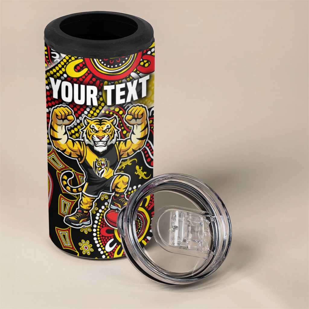 Personalized Richmond Tigers  Football Mascot 4 in 1 Can Cooler Tumbler Aboriginal Dot Art Style Vibrant Indigenous Pattern Design