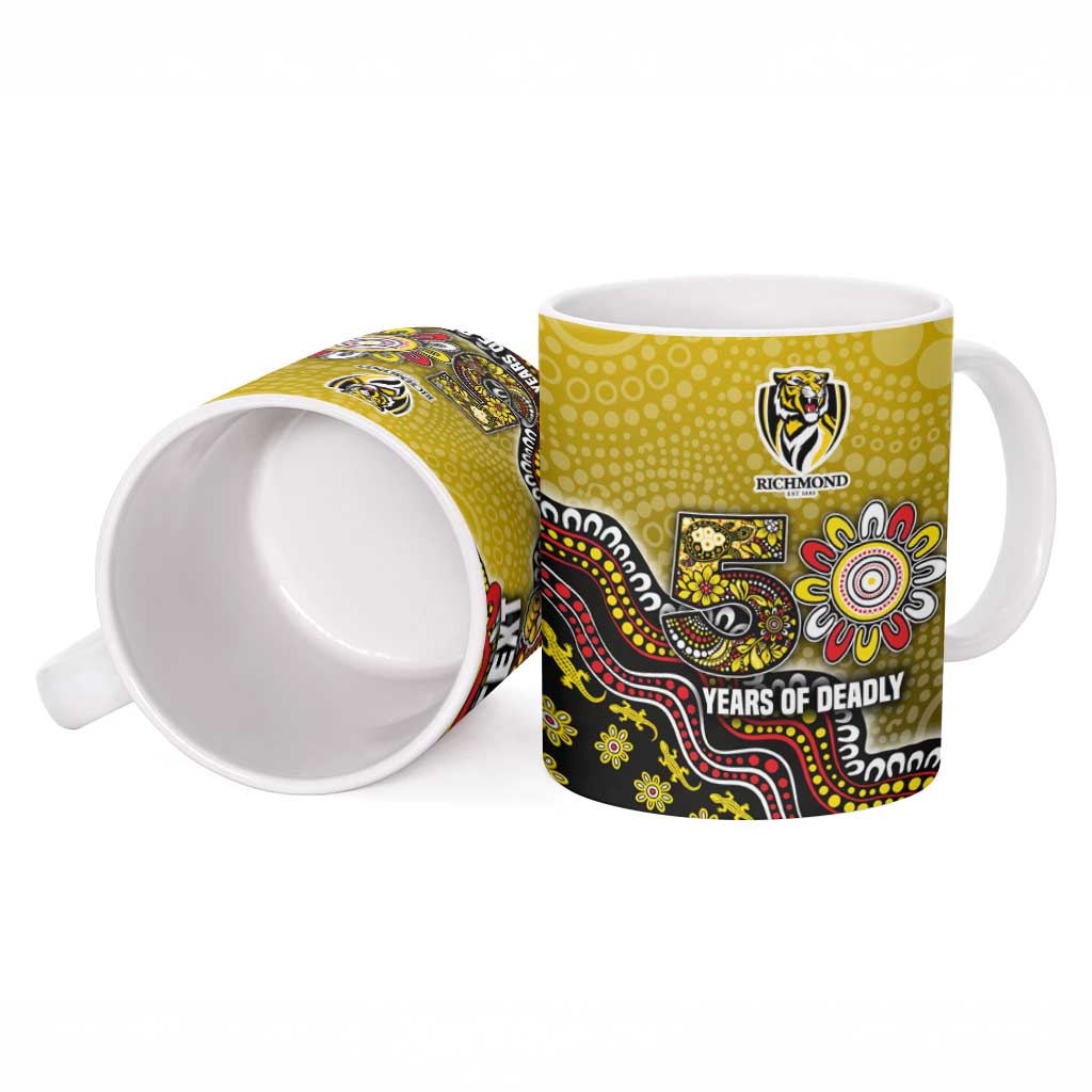 Personalized Richmond Tigers  Football Mascot Ceramic Mug Aboriginal Dot Art Style Vibrant Indigenous Pattern Design