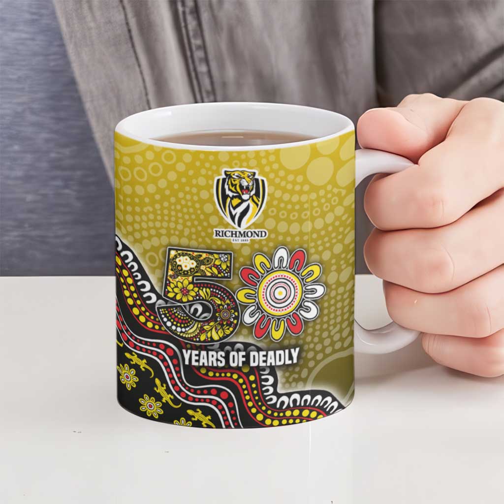 Personalized Richmond Tigers  Football Mascot Ceramic Mug Aboriginal Dot Art Style Vibrant Indigenous Pattern Design