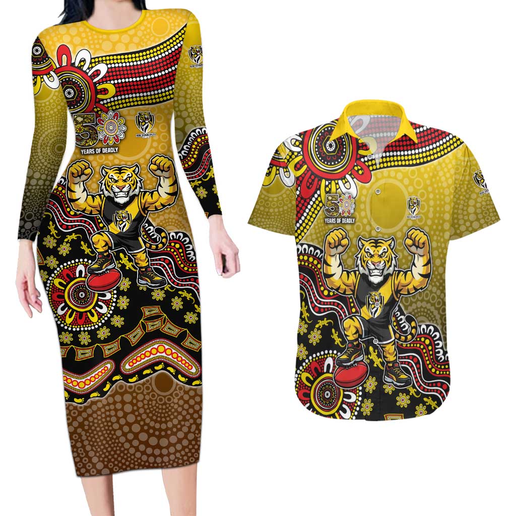 Personalized Richmond Tigers  Football Mascot Couples Matching Long Sleeve Bodycon Dress and Hawaiian Shirt Aboriginal Dot Art Style Vibrant Indigenous Pattern Design