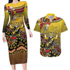 Personalized Richmond Tigers  Football Mascot Couples Matching Long Sleeve Bodycon Dress and Hawaiian Shirt Aboriginal Dot Art Style Vibrant Indigenous Pattern Design