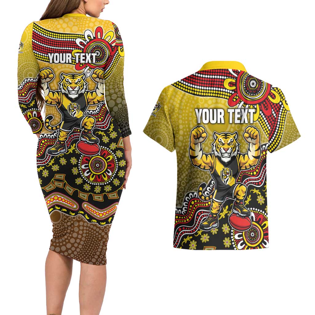 Personalized Richmond Tigers  Football Mascot Couples Matching Long Sleeve Bodycon Dress and Hawaiian Shirt Aboriginal Dot Art Style Vibrant Indigenous Pattern Design