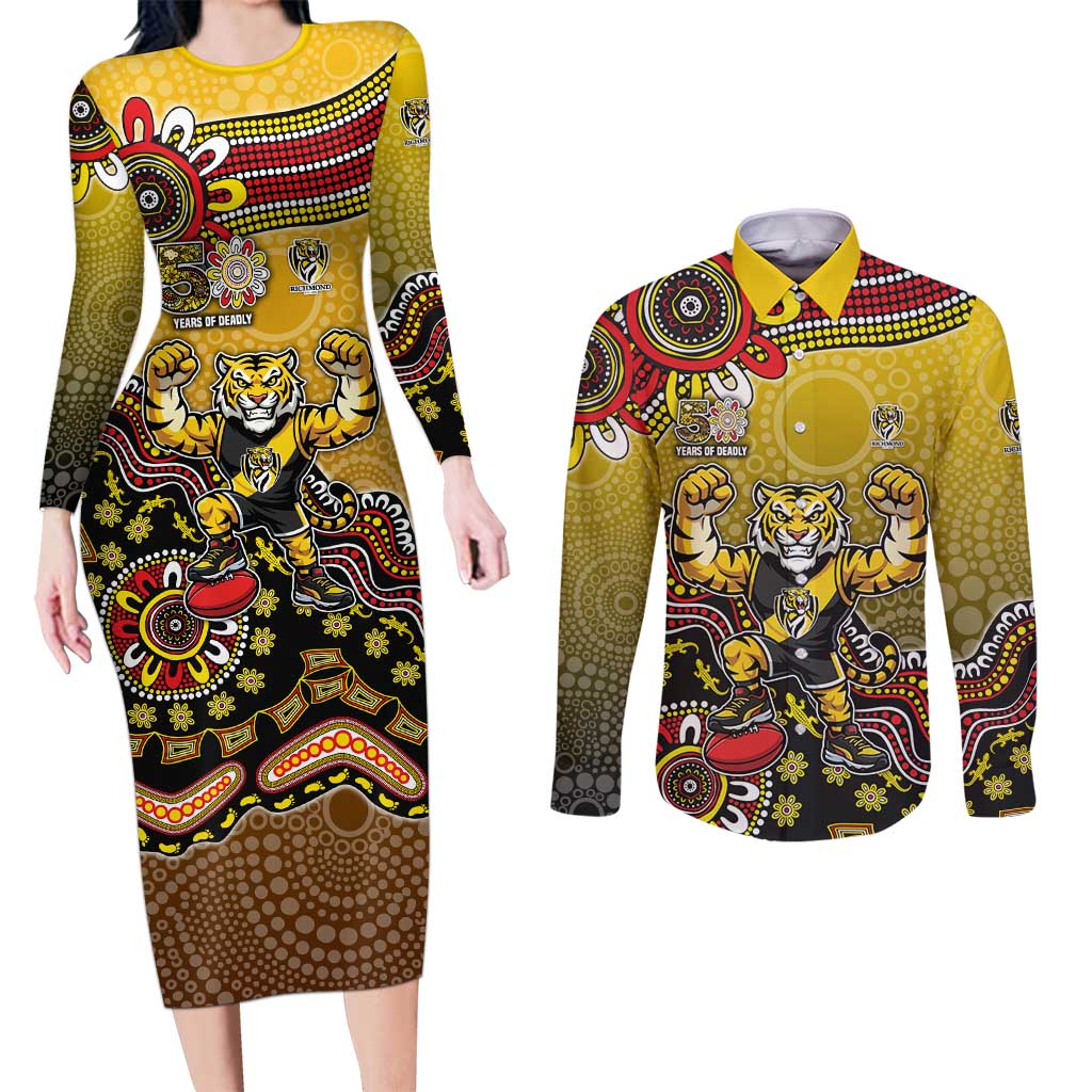 Personalized Richmond Tigers  Football Mascot Couples Matching Long Sleeve Bodycon Dress and Long Sleeve Button Shirt Aboriginal Dot Art Style Vibrant Indigenous Pattern Design