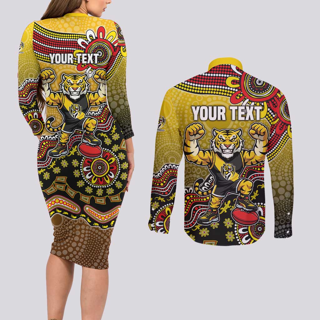Personalized Richmond Tigers  Football Mascot Couples Matching Long Sleeve Bodycon Dress and Long Sleeve Button Shirt Aboriginal Dot Art Style Vibrant Indigenous Pattern Design