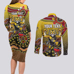 Personalized Richmond Tigers  Football Mascot Couples Matching Long Sleeve Bodycon Dress and Long Sleeve Button Shirt Aboriginal Dot Art Style Vibrant Indigenous Pattern Design