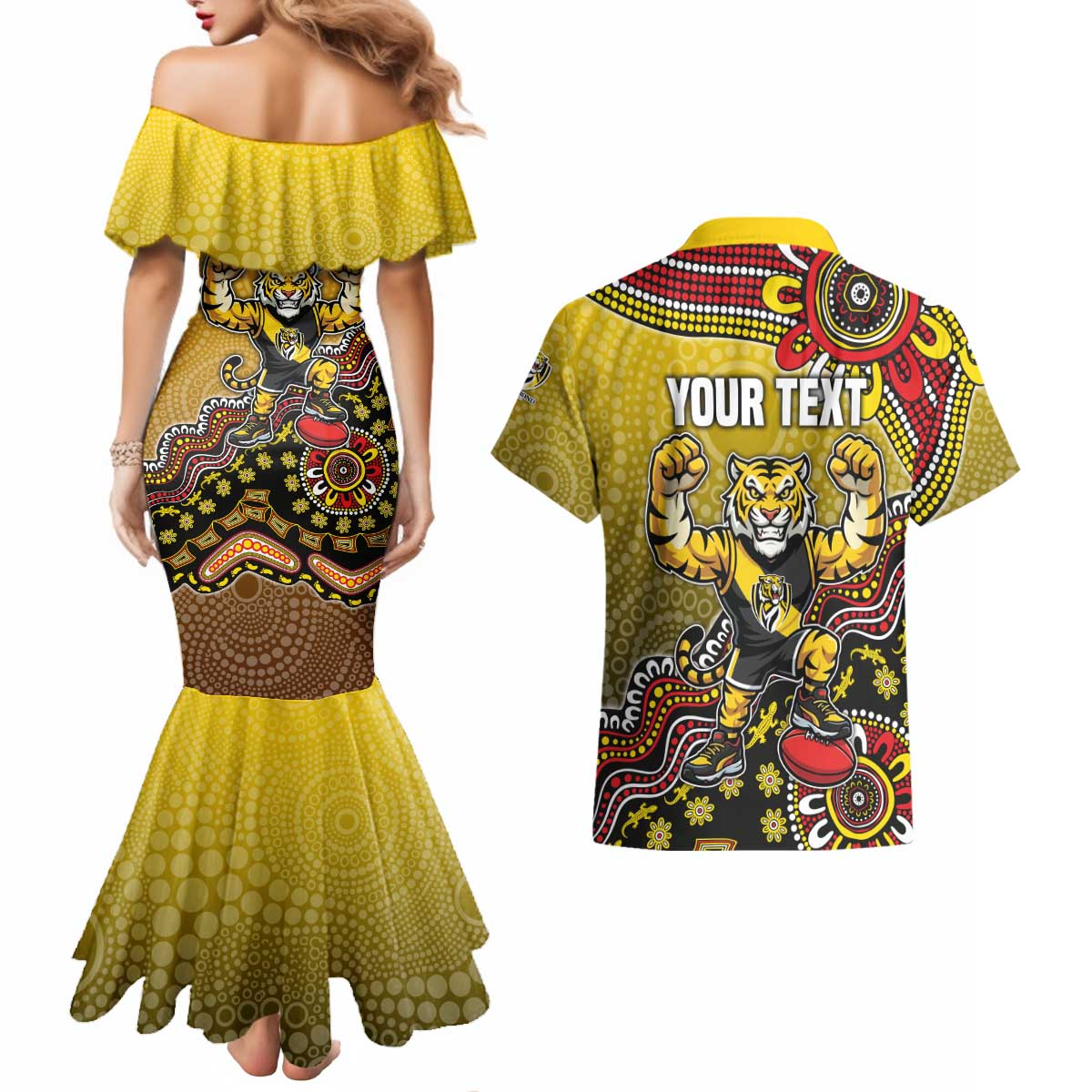 Personalized Richmond Tigers  Football Mascot Couples Matching Mermaid Dress and Hawaiian Shirt Aboriginal Dot Art Style Vibrant Indigenous Pattern Design