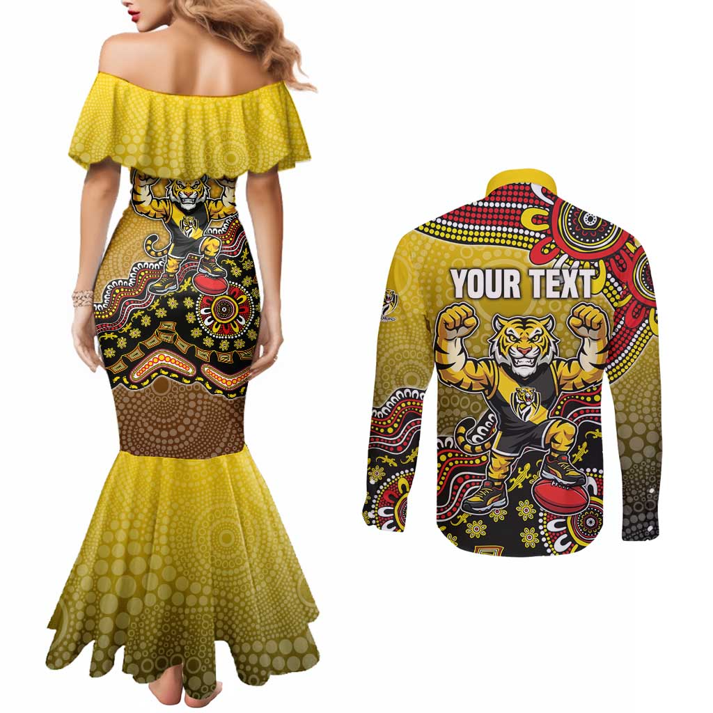 Personalized Richmond Tigers  Football Mascot Couples Matching Mermaid Dress and Long Sleeve Button Shirt Aboriginal Dot Art Style Vibrant Indigenous Pattern Design