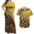 Personalized Richmond Tigers  Football Mascot Couples Matching Off Shoulder Maxi Dress and Hawaiian Shirt Aboriginal Dot Art Style Vibrant Indigenous Pattern Design