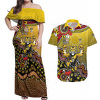 Personalized Richmond Tigers  Football Mascot Couples Matching Off Shoulder Maxi Dress and Hawaiian Shirt Aboriginal Dot Art Style Vibrant Indigenous Pattern Design