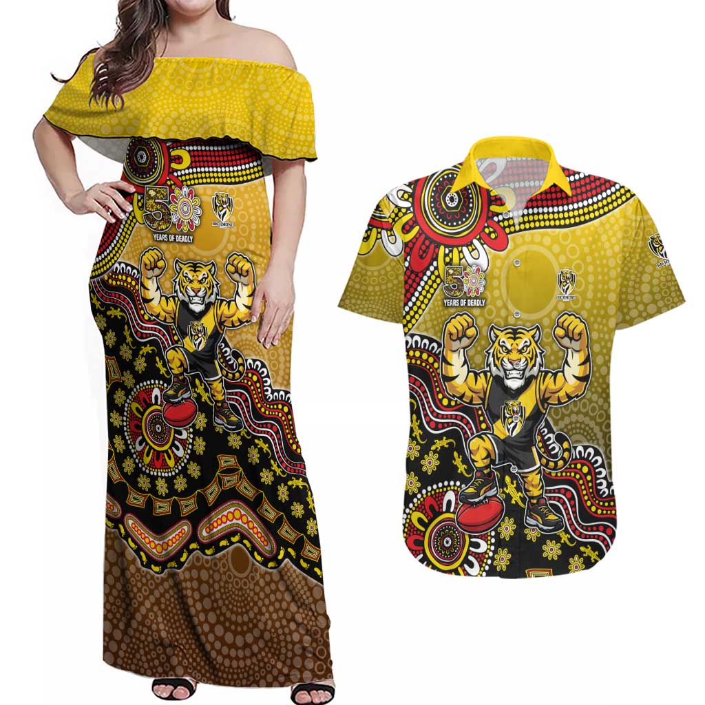Personalized Richmond Tigers  Football Mascot Couples Matching Off Shoulder Maxi Dress and Hawaiian Shirt Aboriginal Dot Art Style Vibrant Indigenous Pattern Design