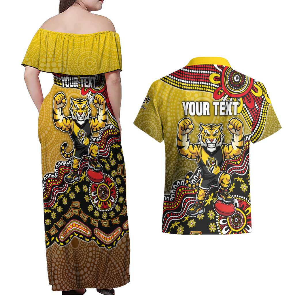 Personalized Richmond Tigers  Football Mascot Couples Matching Off Shoulder Maxi Dress and Hawaiian Shirt Aboriginal Dot Art Style Vibrant Indigenous Pattern Design