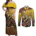 Personalized Richmond Tigers  Football Mascot Couples Matching Off Shoulder Maxi Dress and Long Sleeve Button Shirt Aboriginal Dot Art Style Vibrant Indigenous Pattern Design