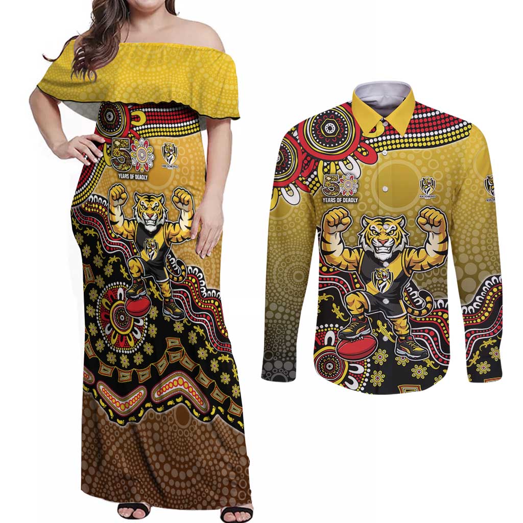 Personalized Richmond Tigers  Football Mascot Couples Matching Off Shoulder Maxi Dress and Long Sleeve Button Shirt Aboriginal Dot Art Style Vibrant Indigenous Pattern Design
