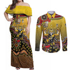 Personalized Richmond Tigers  Football Mascot Couples Matching Off Shoulder Maxi Dress and Long Sleeve Button Shirt Aboriginal Dot Art Style Vibrant Indigenous Pattern Design