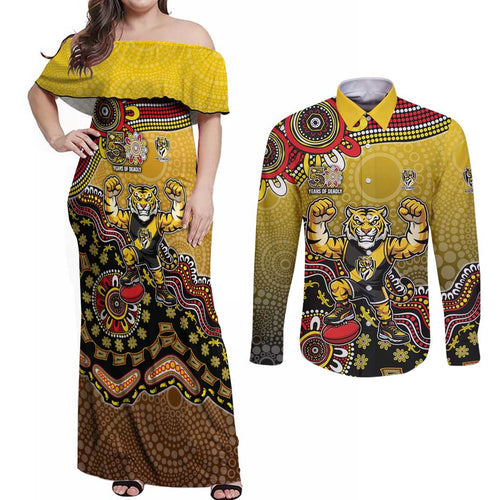 Personalized Richmond Tigers  Football Mascot Couples Matching Off Shoulder Maxi Dress and Long Sleeve Button Shirt Aboriginal Dot Art Style Vibrant Indigenous Pattern Design