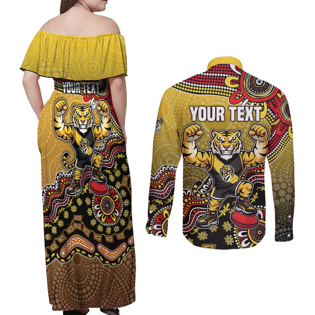 Personalized Richmond Tigers  Football Mascot Couples Matching Off Shoulder Maxi Dress and Long Sleeve Button Shirt Aboriginal Dot Art Style Vibrant Indigenous Pattern Design