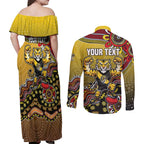 Personalized Richmond Tigers  Football Mascot Couples Matching Off Shoulder Maxi Dress and Long Sleeve Button Shirt Aboriginal Dot Art Style Vibrant Indigenous Pattern Design