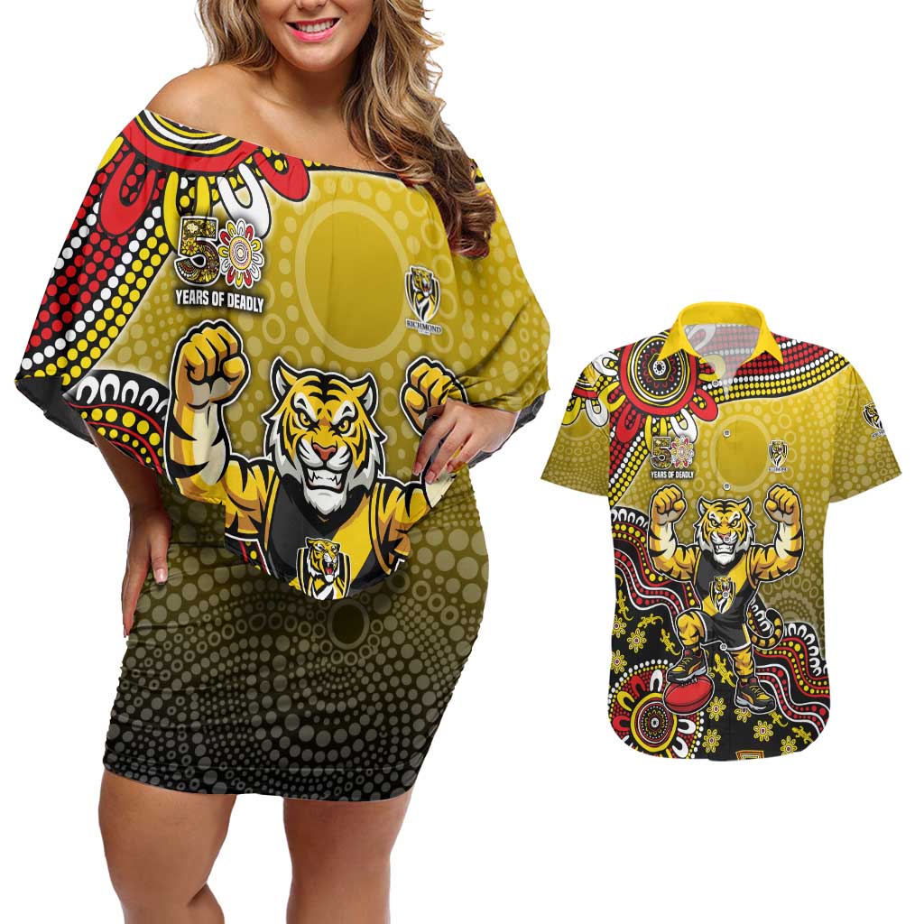 Personalized Richmond Tigers  Football Mascot Couples Matching Off Shoulder Short Dress and Hawaiian Shirt Aboriginal Dot Art Style Vibrant Indigenous Pattern Design