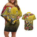 Personalized Richmond Tigers  Football Mascot Couples Matching Off Shoulder Short Dress and Hawaiian Shirt Aboriginal Dot Art Style Vibrant Indigenous Pattern Design