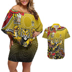 Personalized Richmond Tigers  Football Mascot Couples Matching Off Shoulder Short Dress and Hawaiian Shirt Aboriginal Dot Art Style Vibrant Indigenous Pattern Design