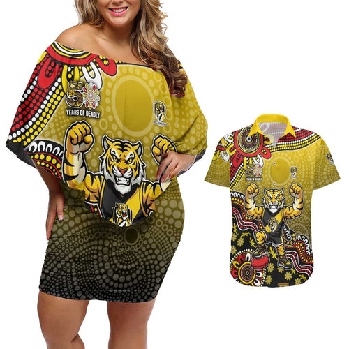 Personalized Richmond Tigers  Football Mascot Couples Matching Off Shoulder Short Dress and Hawaiian Shirt Aboriginal Dot Art Style Vibrant Indigenous Pattern Design