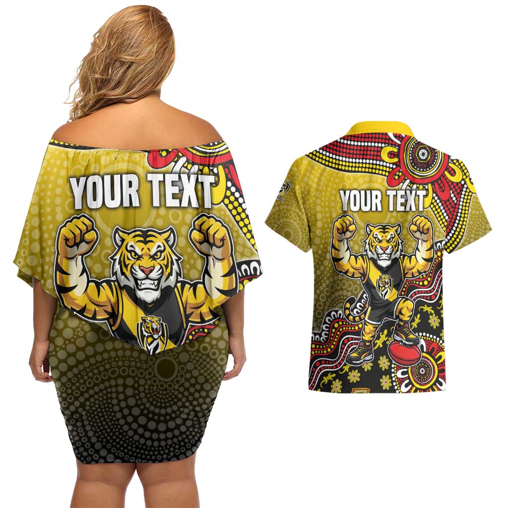 Personalized Richmond Tigers  Football Mascot Couples Matching Off Shoulder Short Dress and Hawaiian Shirt Aboriginal Dot Art Style Vibrant Indigenous Pattern Design