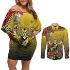 Personalized Richmond Tigers  Football Mascot Couples Matching Off Shoulder Short Dress and Long Sleeve Button Shirt Aboriginal Dot Art Style Vibrant Indigenous Pattern Design