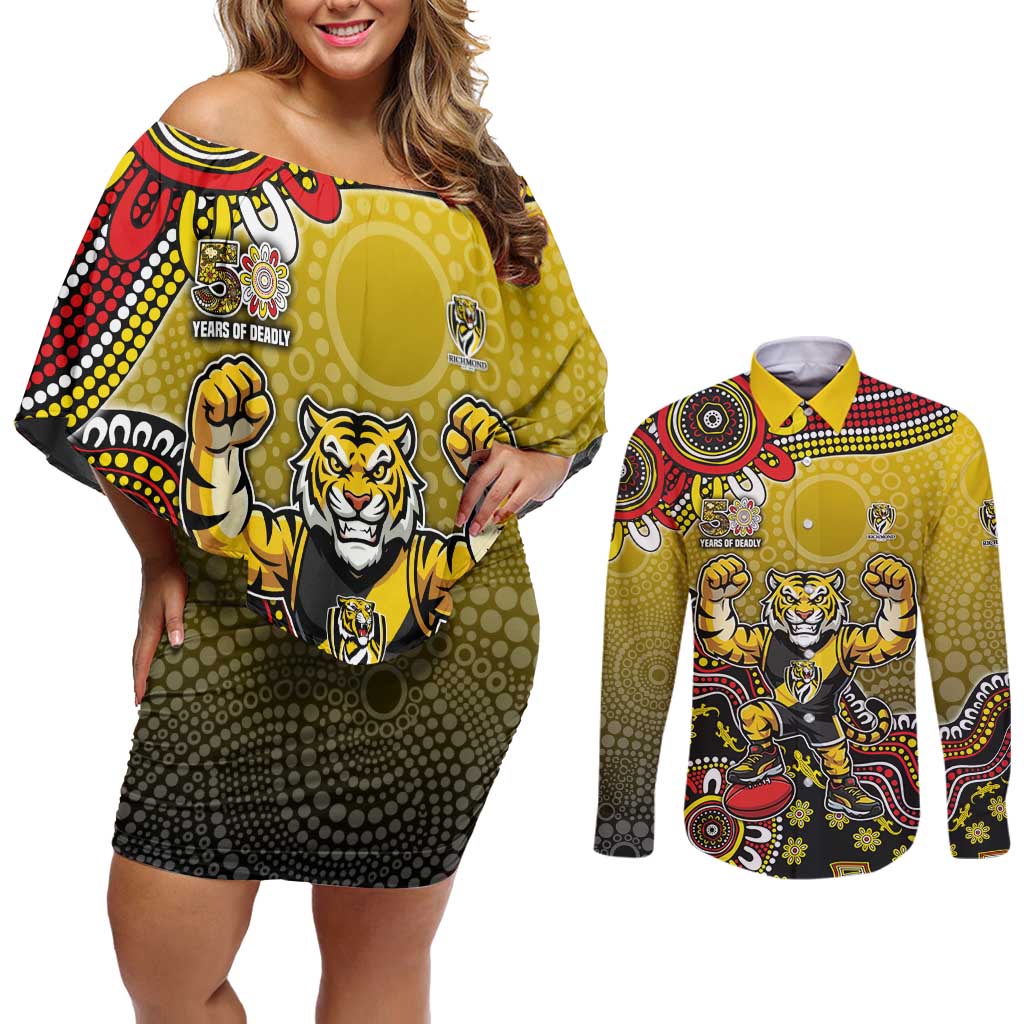 Personalized Richmond Tigers  Football Mascot Couples Matching Off Shoulder Short Dress and Long Sleeve Button Shirt Aboriginal Dot Art Style Vibrant Indigenous Pattern Design