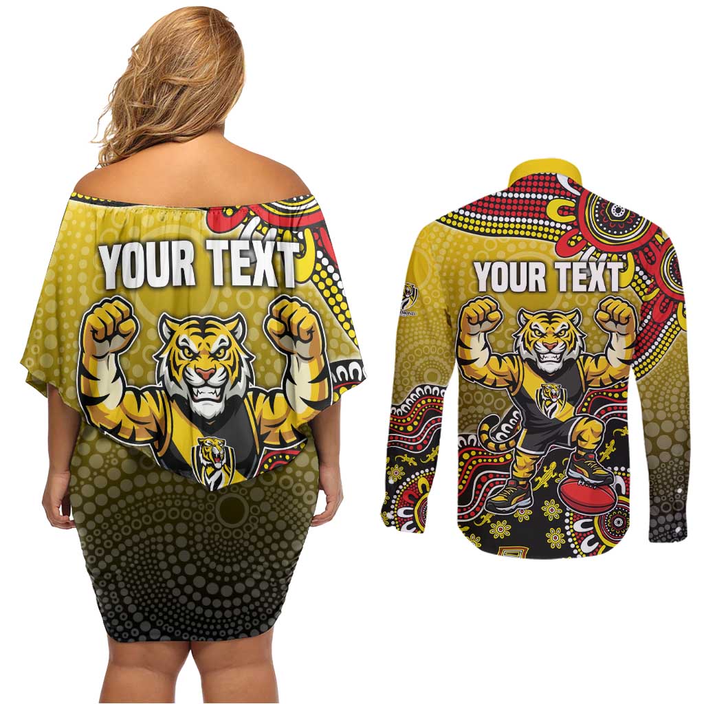 Personalized Richmond Tigers  Football Mascot Couples Matching Off Shoulder Short Dress and Long Sleeve Button Shirt Aboriginal Dot Art Style Vibrant Indigenous Pattern Design