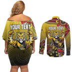 Personalized Richmond Tigers  Football Mascot Couples Matching Off Shoulder Short Dress and Long Sleeve Button Shirt Aboriginal Dot Art Style Vibrant Indigenous Pattern Design
