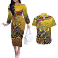 Personalized Richmond Tigers  Football Mascot Couples Matching Off The Shoulder Long Sleeve Dress and Hawaiian Shirt Aboriginal Dot Art Style Vibrant Indigenous Pattern Design