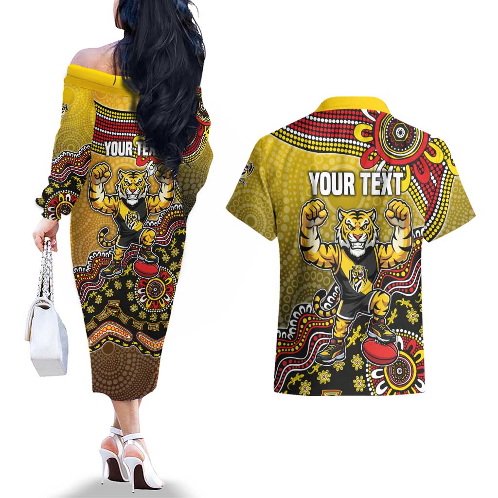 Personalized Richmond Tigers  Football Mascot Couples Matching Off The Shoulder Long Sleeve Dress and Hawaiian Shirt Aboriginal Dot Art Style Vibrant Indigenous Pattern Design