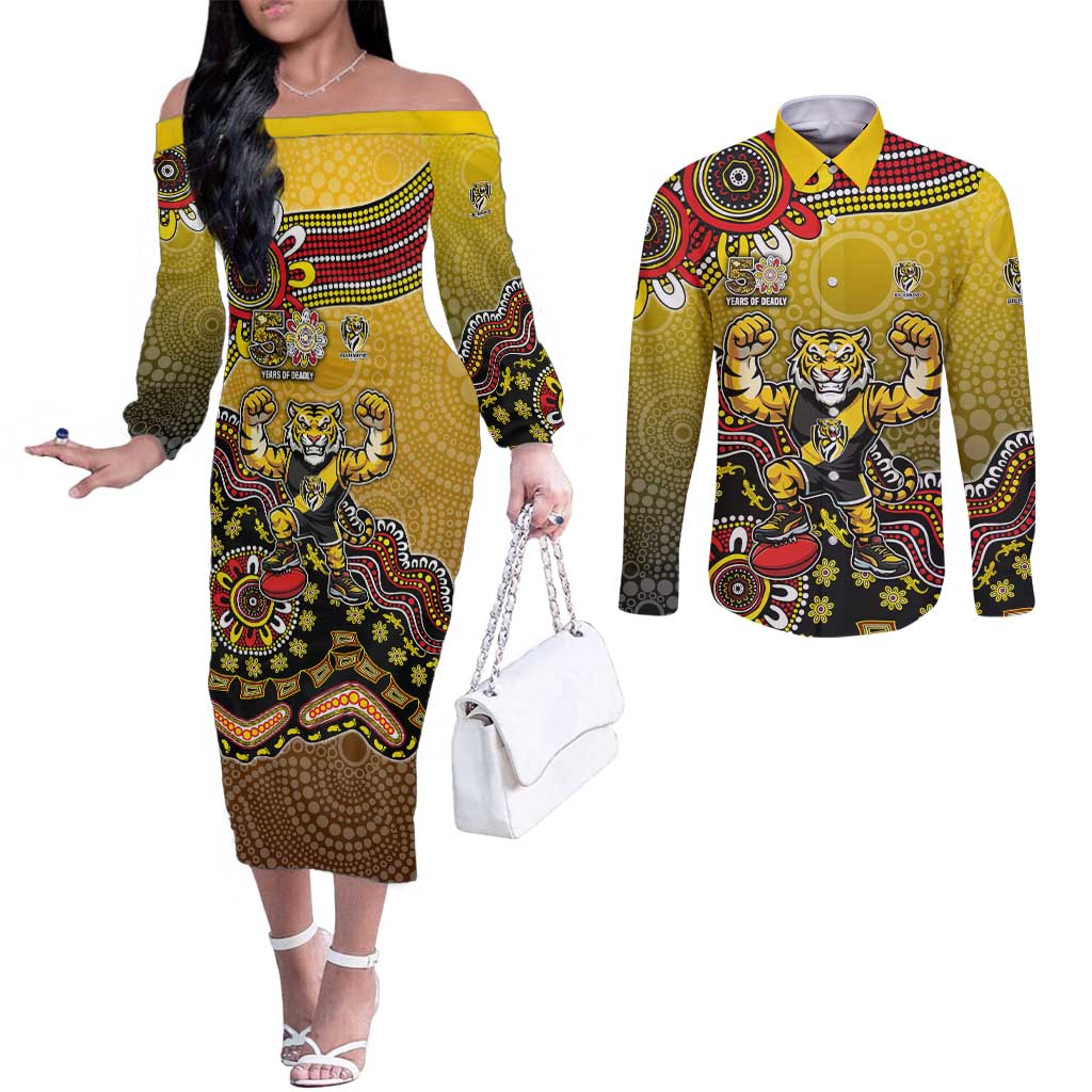 Personalized Richmond Tigers  Football Mascot Couples Matching Off The Shoulder Long Sleeve Dress and Long Sleeve Button Shirt Aboriginal Dot Art Style Vibrant Indigenous Pattern Design