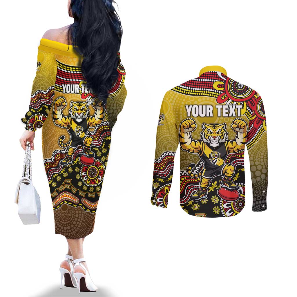 Personalized Richmond Tigers  Football Mascot Couples Matching Off The Shoulder Long Sleeve Dress and Long Sleeve Button Shirt Aboriginal Dot Art Style Vibrant Indigenous Pattern Design