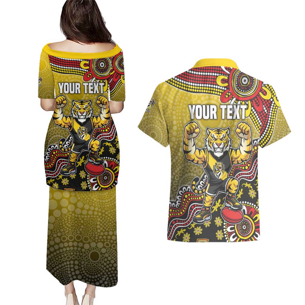 Personalized Richmond Tigers  Football Mascot Couples Matching Puletasi and Hawaiian Shirt Aboriginal Dot Art Style Vibrant Indigenous Pattern Design
