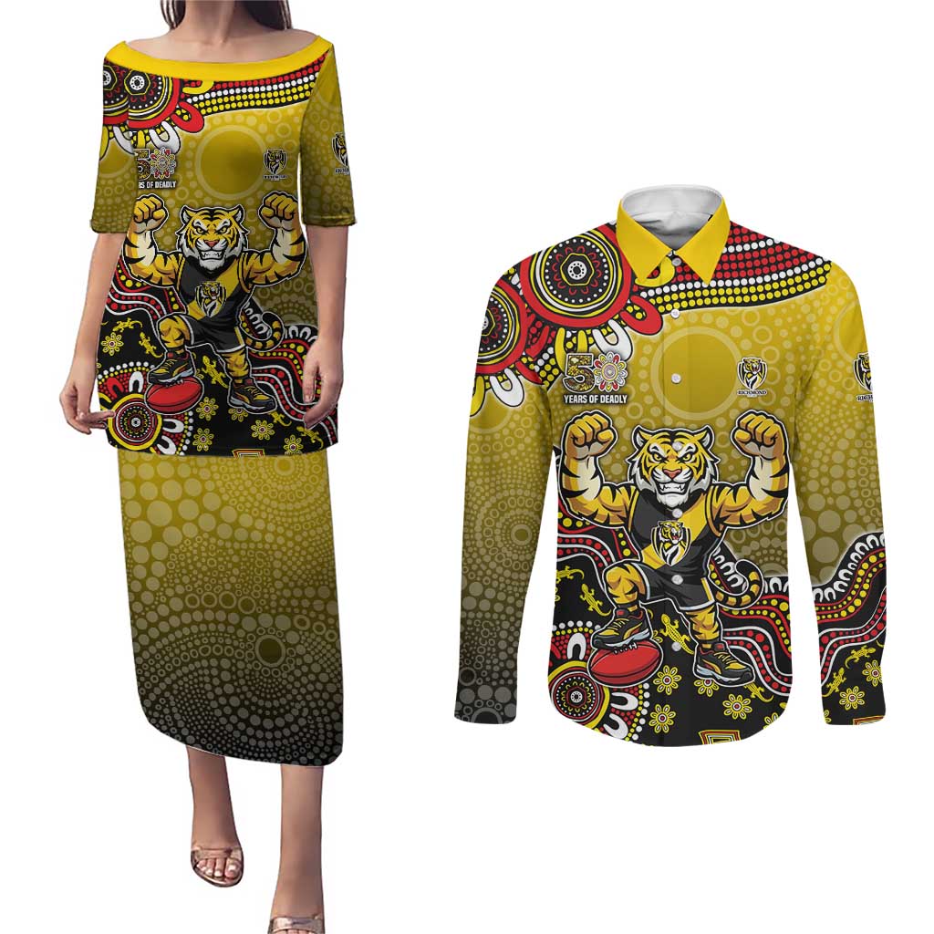 Personalized Richmond Tigers  Football Mascot Couples Matching Puletasi and Long Sleeve Button Shirt Aboriginal Dot Art Style Vibrant Indigenous Pattern Design