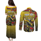 Personalized Richmond Tigers  Football Mascot Couples Matching Puletasi and Long Sleeve Button Shirt Aboriginal Dot Art Style Vibrant Indigenous Pattern Design