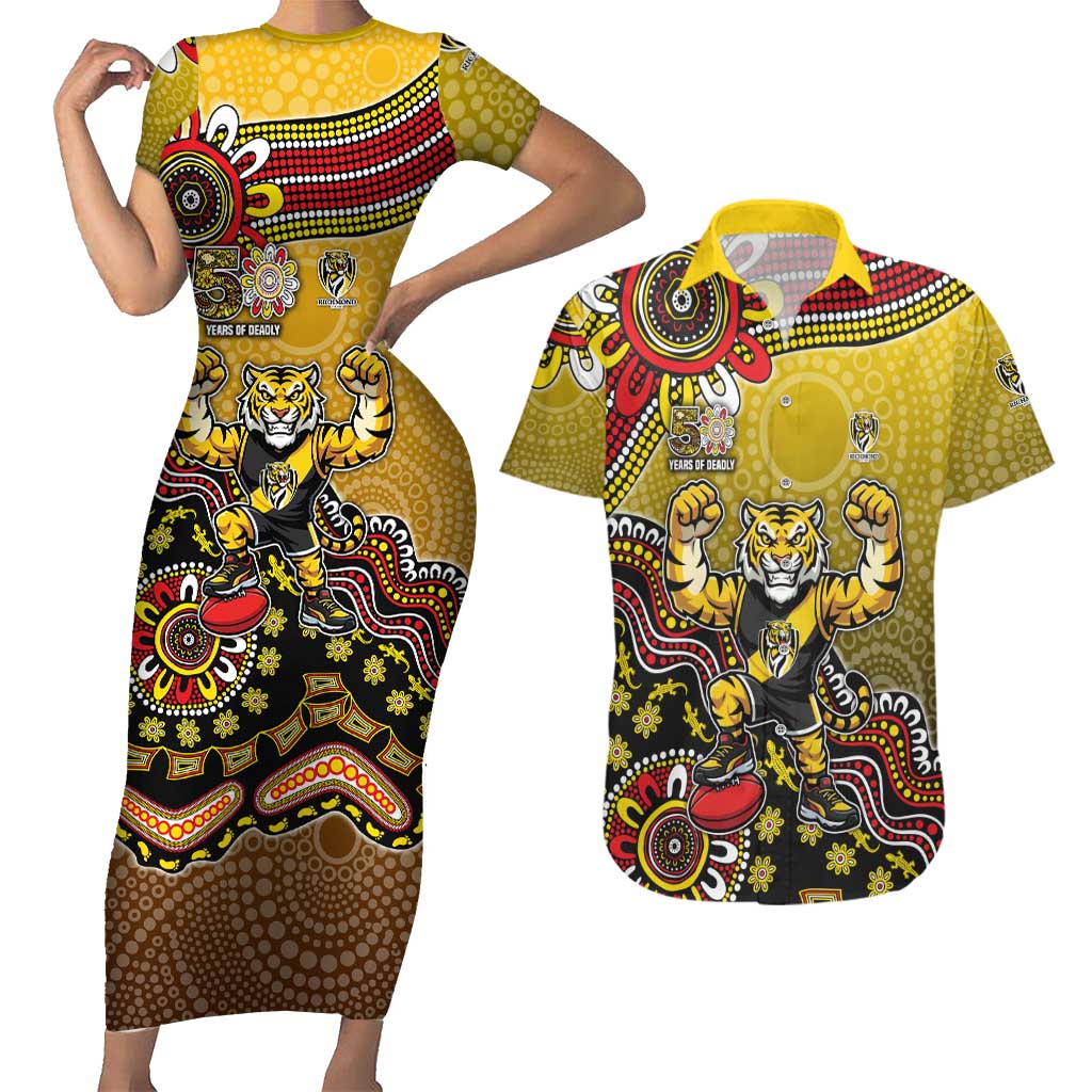 Personalized Richmond Tigers  Football Mascot Couples Matching Short Sleeve Bodycon Dress and Hawaiian Shirt Aboriginal Dot Art Style Vibrant Indigenous Pattern Design