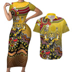 Personalized Richmond Tigers  Football Mascot Couples Matching Short Sleeve Bodycon Dress and Hawaiian Shirt Aboriginal Dot Art Style Vibrant Indigenous Pattern Design