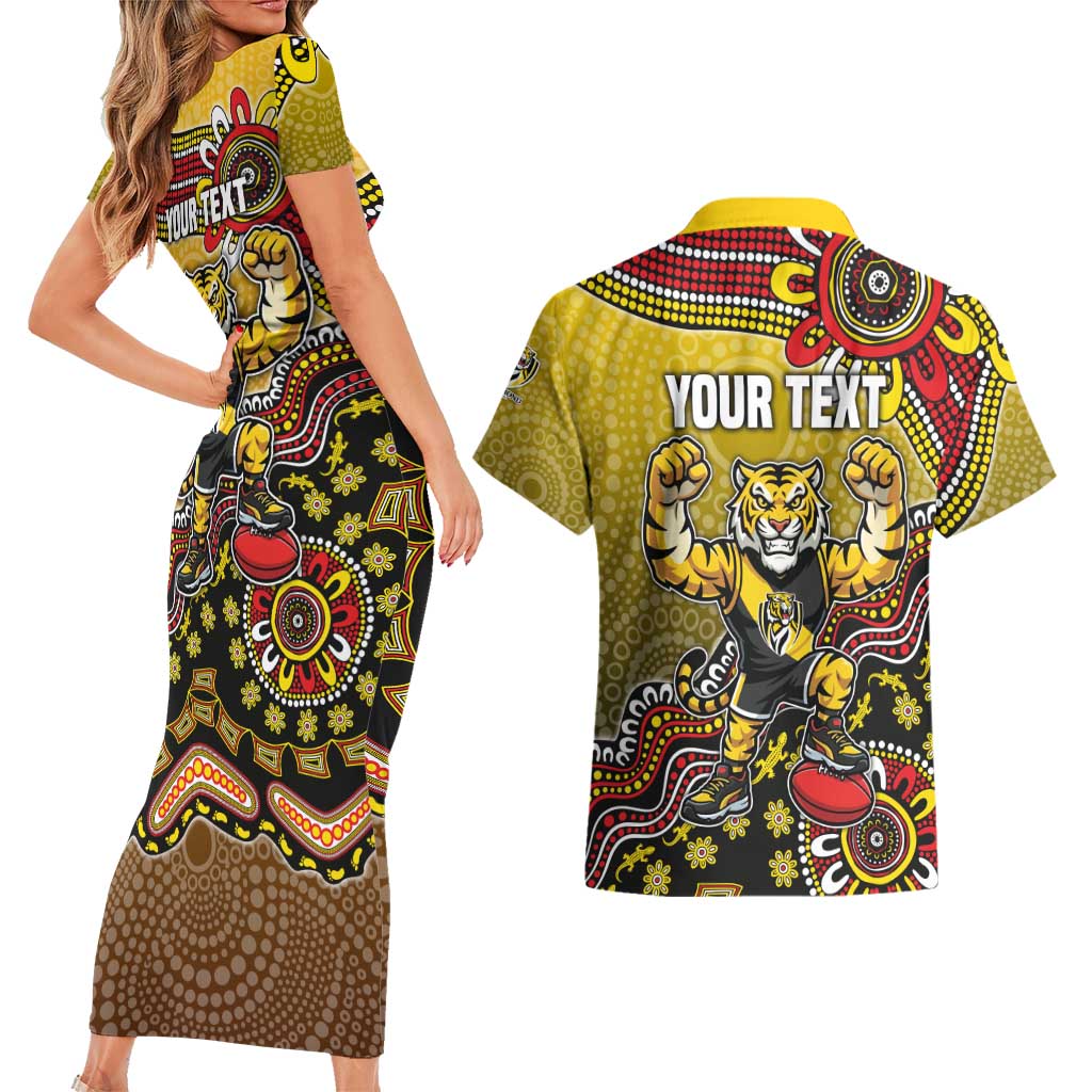 Personalized Richmond Tigers  Football Mascot Couples Matching Short Sleeve Bodycon Dress and Hawaiian Shirt Aboriginal Dot Art Style Vibrant Indigenous Pattern Design