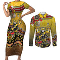 Personalized Richmond Tigers  Football Mascot Couples Matching Short Sleeve Bodycon Dress and Long Sleeve Button Shirt Aboriginal Dot Art Style Vibrant Indigenous Pattern Design