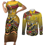 Personalized Richmond Tigers  Football Mascot Couples Matching Short Sleeve Bodycon Dress and Long Sleeve Button Shirt Aboriginal Dot Art Style Vibrant Indigenous Pattern Design