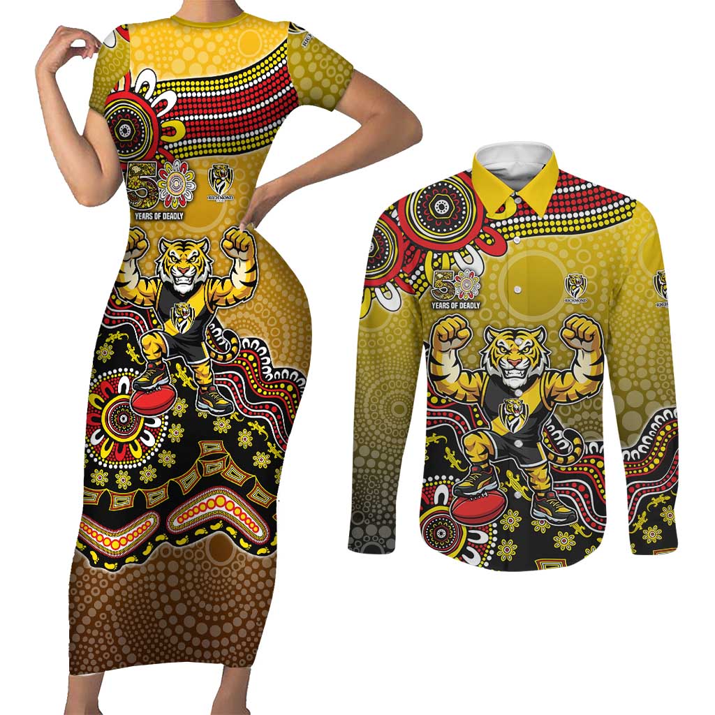 Personalized Richmond Tigers  Football Mascot Couples Matching Short Sleeve Bodycon Dress and Long Sleeve Button Shirt Aboriginal Dot Art Style Vibrant Indigenous Pattern Design