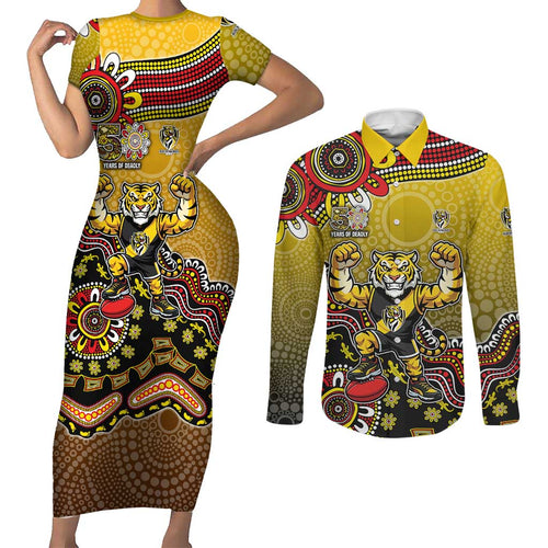 Personalized Richmond Tigers  Football Mascot Couples Matching Short Sleeve Bodycon Dress and Long Sleeve Button Shirt Aboriginal Dot Art Style Vibrant Indigenous Pattern Design