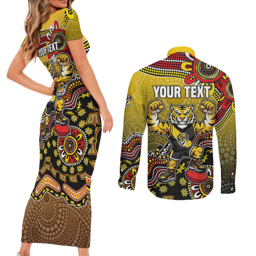 Personalized Richmond Tigers  Football Mascot Couples Matching Short Sleeve Bodycon Dress and Long Sleeve Button Shirt Aboriginal Dot Art Style Vibrant Indigenous Pattern Design