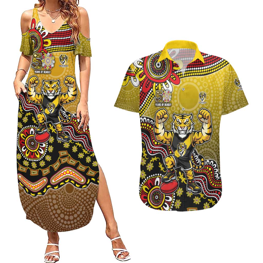 Personalized Richmond Tigers  Football Mascot Couples Matching Summer Maxi Dress and Hawaiian Shirt Aboriginal Dot Art Style Vibrant Indigenous Pattern Design
